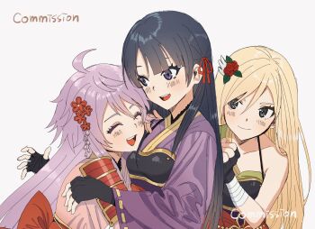 3girls :d ^_^ ahoge armor back_bow black_gloves blonde_hair blue_eyes blue_hair blush bow breastplate bub_bub20 clenched_hand closed_eyes commentary_request commission cuirass face-to-face facing_another fingerless_gloves flower front-to-back gloves gold_trim green_kimono hair_between_eyes hair_flower hair_ornament hair_ribbon hand_on_another's_back hand_on_another's_shoulder hands_up happy highres hug japanese_armor japanese_clothes kimono korean_commentary leaf_hair_ornament leaning_on_person long_hair long_sidelocks long_sleeves looking_at_another multiple_girls obi obijime open_hands open_mouth otonashi_ichie pink_kimono purple_eyes purple_hair purple_kimono red_bow red_flower red_ribbon red_rose red_sash ribbon ribbon-trimmed_sleeves ribbon_trim rose sash shoujo_kageki_revue_starlight shoujo_kageki_revue_starlight_-re_live- shoulder_armor shoulder_strap sidelocks sideways_glance simple_background single_bare_shoulder single_off_shoulder smile sode standing teeth tomoe_tamao undershirt upper_body upper_teeth_only very_long_hair white_background wide_sleeves yumeoji_fumi