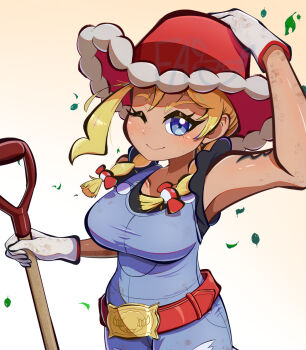 1girl ;) belt black_shirt blonde_hair blue_eyes blue_overalls blush bouffalant braid breasts closed_mouth commentary_request cowboy_hat denim denim_overalls dirty dirty_clothes eyelashes freckles gen_5_pokemon gloves hand_on_headwear hat highres holding kitt_(pokemon) leaf long_hair nintendo one_eye_closed overalls pokemon pokemon_champions red_belt red_hat shiny_skin shirt simple_background smile solo twin_braids uma_(uma_digit) white_gloves