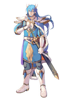 1boy absurdres aged_up armor beard belt blue_eyes blue_hair boots bracer cape coat commission commissioner_upload crown facial_hair fire_emblem fire_emblem:_genealogy_of_the_holy_war gloves greaves highres holding holding_sword holding_weapon long_hair nintendo pants sash seliph_(fire_emblem) sheath sheathed shoulder_armor sidelocks smile solo sword weapon yusi_vishnu