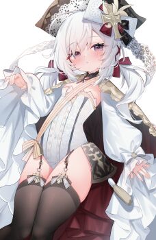 1girl azur_lane black_thighhighs blush breasts eip_(pepai) eyelashes flandre_(azur_lane) garter_straps hair_between_eyes hair_ribbon hat highres leotard long_hair long_sleeves looking_at_viewer low_twintails parted_lips red_ribbon ribbon simple_background small_breasts solo tassel thighhighs twintails white_background white_hair white_leotard wide_sleeves