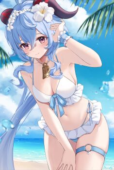 1girl absurdres alternate_costume amaneko_(amaneko_y) beach bell bikini blue_hair blue_sky cloud cowboy_shot day flower frilled_bikini frills ganyu_(genshin_impact) genshin_impact goat_horns hair_between_eyes hair_flower hair_ornament hand_on_own_thigh hand_up highres horizon horns leaning_forward long_hair navel neck_bell ocean purple_eyes sidelocks single_wrist_cuff sky smile stomach swimsuit thigh_strap very_long_hair water white_bikini white_lily wrist_cuffs