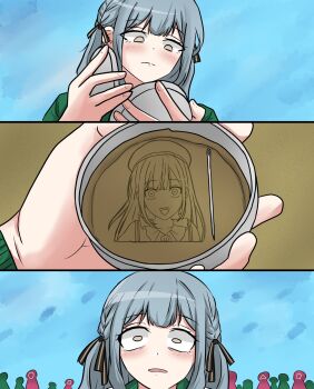 bang_dream! bang_dream!_it's_mygo!!!!! beret blue_background blue_hair commentary_request hat highres light_blush long_hair mortis_(bang_dream!) needle open_mouth parody squid_game ssami togawa_sakiko twintails wakaba_mutsumi yellow_eyes