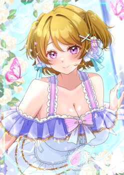 1girl absurdres bare_shoulders blonde_hair blush breasts cleavage closed_mouth commentary_request dress flower frilled_dress frills hair_flower hair_ornament highres koizumi_hanayo large_breasts looking_at_viewer love_live! midori_oekk off-shoulder_dress off_shoulder purple_eyes short_hair smile solo two_side_up white_flower