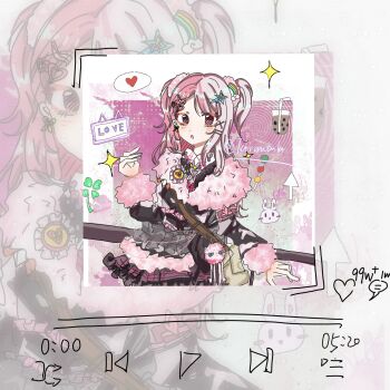 :o against_railing artist_name bag bag_charm black_jacket black_skirt brown_bag brown_eyes charm_(object) chinese_commentary clover collared_shirt commentary_request cursor dot_nose four-leaf_clover frilled_skirt frills fur-trimmed_jacket fur-trimmed_sleeves fur_trim gyaru hair_ornament hair_scrunchie hairclip heart heart_hair_ornament highres infinity_nikki jacket light_blush long_hair long_sleeves microphone miniskirt multicolored_hair nikki_(series) open_mouth parallel_hairclips pink_hair pink_scrunchie plaid_clothes plaid_skirt play_button rabbit railing rainbow_hair_ornament ribbon ribbon_earrings rosie_sweetheart_(infinity_nikki) scrunchie shirt shoulder_bag sidelocks skirt sparkle split-color_hair star_(symbol) star_hair_ornament two_side_up white_shirt y2k_fashion yellow_ribbon yushuilengbingbing zoom_layer