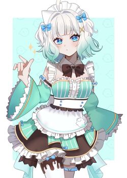 1girl ahoge aqua_dress aqua_hair blue_eyes commentary densetsu.exe dress english_commentary gradient_hair hair_ornament heart heart_o-ring highres looking_at_viewer maid maid_headdress medium_hair mint_fantome mint_fantome_(minto_2.0) multicolored_hair o-ring o-ring_thigh_strap solo thigh_strap thighhighs tsukasa12598 two_side_up virtual_youtuber white_hair white_headdress white_thighhighs x_hair_ornament