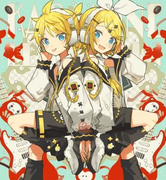 1boy 1girl :d bass_guitar black_leg_warmers black_shorts blonde_hair blue_eyes bow character_name fang fish hair_ornament hairclip instrument jacket kagamine_len kagamine_rin leg_up leg_warmers looking_at_viewer miwasiba open_clothes open_jacket open_mouth parallel_hairclips shirt shorts smile spiked_hair tongue vocaloid white_bow white_jacket white_shirt