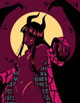 1girl absurdres black_nails blunt_bangs closed_mouth commentary cowboy_shot demon_girl demonio_fleur english_commentary hana_hana_no_mi highres horns long_hair moon nico_robin one_piece open_clothes open_shirt petals pink_shirt poneglyph shirt smile solo wigglesdtuff wings