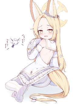Rule 34 | 1girl, absurdres, animal ears, ass, back, backless dress, backless outfit, bare back, bare shoulders, bird, blonde hair, blue archive, blush, bow, bright pupils, commentary request, cross halo, detached sleeves, dress, ear wreath, embarrassed, flower wreath, fox ears, fox girl, fox tail, full body, gradient eyes, halo, highres, inconvenient tail, kyouwashi, lifted by tail, long-tailed tit, long hair, median furrow, multicolored eyes, no shoes, open mouth, pantyhose, petticoat, pinstripe pantyhose, raised inner eyebrows, sailor collar, sailor dress, seia (blue archive), short dress, simple background, sleeveless, sleeveless dress, sleeves past fingers, sleeves past wrists, soles, solo, tail, tail bow, tail ornament, tit (bird), translated, white background, white bird, white dress, white pantyhose, white pupils, white sailor collar, yellow eyes, yellow halo