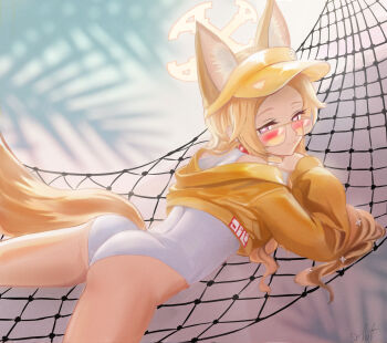 animal_ear_fluff animal_ears ass blonde_hair blue_archive choker closed_mouth cross_halo extra_ears flatculture fox_ears fox_girl fox_tail from_behind half-closed_eyes halo hammock hand_on_own_face highleg highleg_one-piece_swimsuit highres jacket light_smile loli long_hair long_sleeves looking_at_viewer looking_back lying off_shoulder on_hammock on_stomach one-piece_swimsuit purple_eyes red_choker seia_(blue_archive) seia_(swimsuit)_(blue_archive) side_ponytail smile sunglasses swimsuit tail thighs tinted_eyewear very_long_hair visor_cap yellow_halo yellow_jacket yellow_visor
