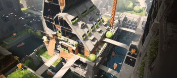 absurdres boat building commentary english_commentary felixriano flock grass highres light_rays original outdoors painterly river robot scenery science_fiction solarpunk water watercraft