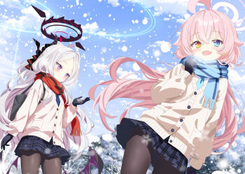 2girls :d ahoge aruka_(alka_p1) black_gloves black_halo black_pantyhose black_skirt blue_archive blue_eyes blue_necktie blue_scarf blue_sky blush cardigan closed_mouth cloud commentary cowboy_shot crossed_bangs day fang gloves hair_between_eyes halo hand_up heterochromia highres hina_(blue_archive) hoshino_(blue_archive) long_hair long_sleeves looking_at_viewer mechanical_halo miniskirt multiple_girls necktie open_mouth outdoors pantyhose parted_bangs pink_hair pleated_skirt purple_eyes ring_of_light_(blue_archive) scarf skin_fang skirt sky smile snowing white_hair winter winter_clothes yellow_cardigan yellow_eyes