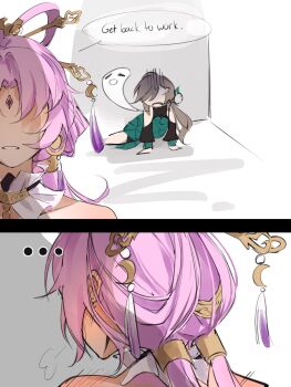 Rule 34 | ..., 2girls, blush, braid, brown eyes, brown hair, constellation, from side, fu xuan (honkai: star rail), ghost, green eyes, hair ornament, highres, honkai: star rail, honkai (series), kabedon, long hair, multiple girls, pink hair, qingque (honkai: star rail), speech bubble, sweat, sweatdrop, tapeanna, twitter username, watermark, yuri