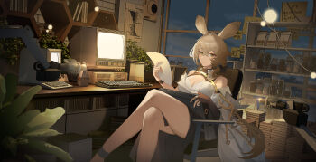 1girl absurdres animal_ears arknights bare_legs black_skirt book breasts brown_hair chair cleavage computer computer_keyboard crossed_legs desk dorothy_(arknights) fingerless_gloves gloves highres holding holding_paper indoors large_breasts legs long_hair miguan_pt mouse_ears mouse_girl night on_chair paper shirt sitting skirt sky solo too_many too_many_books white_shirt yellow_eyes