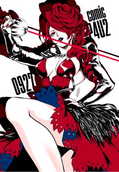1girl black_feathers black_lips black_sleeves breasts cleavage commentary_request curly_hair detached_sleeves dress earrings english_text eyeshadow feather_dress feathers hand_on_own_hip holding holding_sword holding_weapon jewelry kirijou_mitsuru leg_up lipstick long_sleeves looking_at_viewer makeup nail_polish necklace official_art parted_lips persona persona_4 persona_4:_the_ultimate_in_mayonaka_arena persona_4:_the_ultimax_ultra_suplex_hold rapier red_dress red_eyes red_hair red_nails red_sword saitou_rokuro shadow signature simple_background solo spiral_hair sword weapon white_background