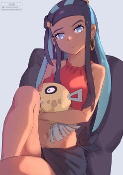 1girl animal artist_name black_hair blue_eyes closed_mouth commentary cropped_shirt dark-skinned_female dark_skin earclip earrings eyelashes eyeshadow feebas fish gen_3_pokemon head_tilt highres holding holding_animal holding_fish hoop_earrings jack_rockhardt jewelry makeup multicolored_hair navel nessa_(pokemon) nintendo pokemon pokemon:_twilight_wings pokemon_(creature) sarong shirt sidelocks sleeveless sleeveless_shirt twitter_logo twitter_username two-tone_hair
