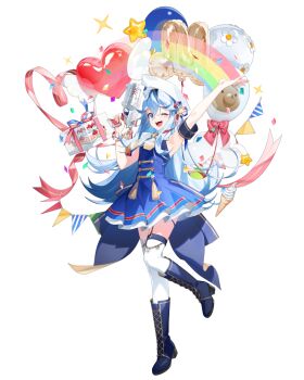 Rule 34 | 1girl, admission wristband, alpha transparency, arm up, artist request, asymmetrical legwear, back bow, balloon, bare shoulders, bear balloon, blue boots, blue dress, blue eyes, blue garter straps, blue hair, blue ribbon, boots, bow, bowtie, box, brooch, buttons, cake, cherry, confetti, cup, dot nose, double-breasted, dress, eyelashes, food, fruit, full body, garter straps, gift, gift box, hair between eyes, hair ribbon, hat, heart balloon, holding, holding cup, ice cream, ice cream cone, jewelry, knee boots, lace-up boots, lanyard, large bow, long hair, long sidelocks, mismatched legwear, nexon, official art, one eye closed, open hand, open mouth, pennant, pink ribbon, pleated dress, rainbow, red bow, red ribbon, ribbon, ritz (tales weaver), second-party source, sidelocks, simple background, single arm cuff, single garter strap, sleeveless, sleeveless dress, solo, sparkle, standing, standing on one leg, star ornament, strawberry, tachi-e, tales weaver, tales weaver: second run, tassel, teeth, thigh strap, thighhighs, tongue, transparent background, two-sided ribbon, two-tone ribbon, upper teeth only, very long hair, white bow, white bowtie, white hat, white thighhighs