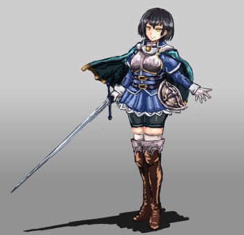 1girl armor belt bike_shorts black_hair boots buckler cape chest_belt commentary_request full_body highres holding holding_sword holding_weapon knee_high_boots leather leather_boots looking_at_viewer original rapier shield short_hair simple_background skirt smile solo standing sword thighhighs udetamago weapon yellow_eyes zettai_ryouiki