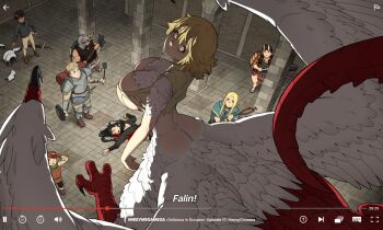 4boys 4girls armor artist_name axe beard black_hair blonde_hair braid breasts brown_shoes character_name chilchuck_tims club_(weapon) commentary dagger dark-skinned_male dark_skin dragon_girl dungeon_meshi english_commentary english_text facial_hair fake_video falin_touden falin_touden_(chimera) feathered_wings feathers from_behind green_eyes green_scarf helmet hien highres holding holding_axe holding_club holding_dagger holding_knife holding_pan holding_spatula holding_staff holding_weapon horns huge_breasts indoors inutade kabru knife laios_touden long_sleeves looking_at_viewer looking_up marcille_donato mikeymegamega multiple_boys multiple_girls pants scales scarf senshi_(dungeon_meshi) shirt shoes short_hair slit_pupils spatula staff sweat sword tail taur torn_clothes torn_shirt twin_braids unworn_armor weapon wings yellow_eyes