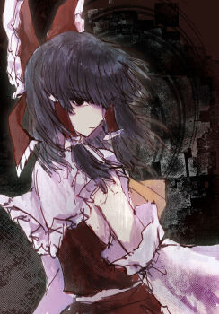 1girl abstract_background ascot black_eyes black_hair bow chinese_commentary closed_mouth commentary_request detached_sleeves expressionless frilled_bow frilled_hair_tubes frills hair_bow hair_tubes hakurei_reimu highres long_hair looking_at_viewer looking_back red_bow red_shirt shirt sidelocks sixsec6ndzlater sleeveless sleeveless_shirt solo touhou upper_body white_sleeves yellow_ascot