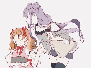 2girls aisaki_emiru anime_coloring annoyed back_bow bag bare_arms bare_shoulders black_choker black_thighhighs blunt_bangs bow bowtie brown_eyes brown_hair casual choker clothing_cutout collarbone collared_shirt commentary_request cone_hair_bun corset cowboy_shot dot_nose double_bun dress eyelashes frilled_corset frilled_sleeves frills frown grey_background grey_corset grey_shirt grey_shorts hair_bow hair_bun hand_on_own_hip height_difference holding holding_bag hugtto!_precure lace lace-trimmed_shirt lace_trim leaning_forward long_hair long_sidelocks long_sleeves looking_ahead looking_at_another low_twintails medium_hair multiple_girls open_mouth parted_lips pinafore_dress pink_dress pointy_nose precure puffy_short_sleeves puffy_sleeves purple_eyes purple_hair red_bow red_bowtie ruru_amour shirt short_sleeves shorts shoulder_cutout sidelocks simple_background sleeveless sleeveless_dress surprised takahoshi_(yunch327) tareme thighhighs three-quarter_sleeves tote_bag twintails v-shaped_eyebrows very_long_hair wavy_hair white_bag white_shirt wide-eyed