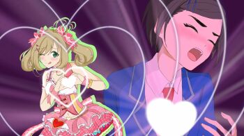 2girls ahoge blush bow bracelet closed_eyes glowing_heart green_eyes hair_bow hair_ornament hairclip hand_up heart heart_hands highres idol_clothes idolmaster idolmaster_cinderella_girls jewelry long_hair love_je_t&#039;aime matsuo_chizuru multiple_girls navel necktie open_mouth parody pink_skirt sato_shin school_uniform short_hair skirt sumikawa_(r04013104) twintails x_hair_ornament