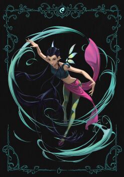 1girl artnikita black_background black_hair commentary fairy_wings full_body hay_lin highres looking_at_viewer magical_girl midriff navel pantyhose purple_shoes purple_skirt shoes skirt smile solo twintails w.i.t.c.h. wind wings