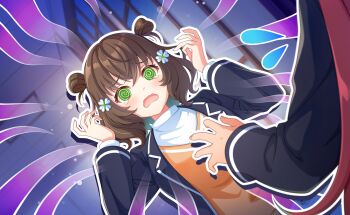 1girl black_jacket blue_jacket blush brown_hair commentary_request double_bun flower game_cg grabbing_another&#039;s_breast green_eyes groping hair_bun hair_flower hair_ornament hair_ribbon highres jacket long_sleeves official_art open_clothes open_jacket open_mouth ribbon shiromaru_mito solo_focus third-party_source upper_body world_dai_star