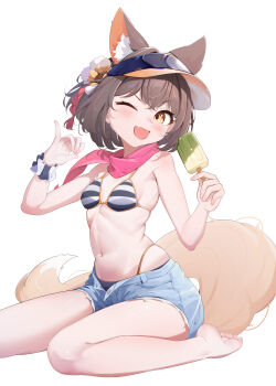 1girl ;d absurdres animal_ear_fluff animal_ears bare_shoulders barefoot bikini bikini_bottom_under_shorts bikini_under_clothes blue_archive blue_bikini blue_shorts blush breasts brown_hair chinese_commentary colored_inner_animal_ears commentary denim denim_shorts flower food fox_ears fox_girl fox_tail hair_flower hair_ornament hands_up hat highres holding holding_food holding_popsicle izuna_(blue_archive) izuna_(swimsuit)_(blue_archive) looking_at_viewer making-of_available navel no_halo official_alternate_costume one_eye_closed open_mouth painttool_sai_(medium) pink_scarf pinky_out pom_pom_hat_ornament popsicle scarf short_hair short_shorts shorts simple_background sitting small_breasts smile solo striped_bikini striped_clothes sunflower sunflower_hair_ornament swimsuit tail tassel tassel_hair_ornament toes v-shaped_eyebrows visor_cap wariza white_background yellow_eyes yellow_hat yellow_tail yellow_trim yellow_visor yizhi_qingwa_gua