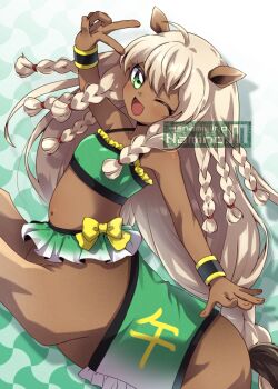 1girl ;d ahoge animal_ears armpit_crease arms_up artist_name bandeau bare_shoulders bow braid centaur chinese_zodiac collarbone commentary_request cowboy_shot dark-skinned_female dark_skin flat_chest green_background green_bandeau green_eyes green_skirt hair_between_eyes horse_ears horse_tail long_hair looking_at_viewer microskirt midriff minaminami_namino monster_girl multiple_braids multiple_legs navel one_eye_closed open_mouth original pleated_skirt rearing shadow sidelocks skirt smile solo standing tail taur twitter_username v watermark white_hair wristband year_of_the_horse yellow_bow