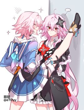 ... 2girls ^_^ ahoge alkalilyy artist_name black_dress black_gloves blue_dress blush closed_eyes clothing_cutout dress dual_persona evernight_(honkai:_star_rail) flower foot_kabedon gloves hair_between_eyes hair_flower hair_ornament hairclip hand_on_another's_leg high_heels highres honkai:_star_rail honkai_(series) kabedon leg_up light_blush long_hair march_7th_(honkai:_star_rail) march_7th_(preservation)_(honkai:_star_rail) medium_hair multiple_girls pink_hair platform_heels pleated_skirt red_eyes red_flower sailor_collar selfcest skirt smile sparkle thigh_strap very_long_hair yuri