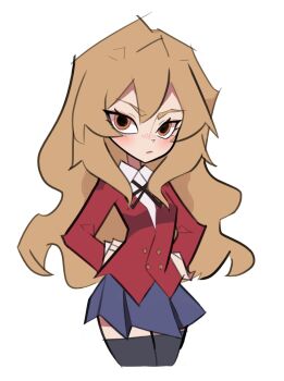 1girl aisaka_taiga andrew_londortz black_bow black_bowtie black_ribbon black_thighhighs blazer blush bow bowtie breasts brown_eyes brown_hair buttons closed_mouth collared_shirt cropped_legs double-breasted dress_shirt eyelashes grey_skirt hair_between_eyes hair_over_shoulder hands_on_own_hips highres jacket long_hair long_sleeves looking_at_viewer neck_ribbon nose_blush oohashi_high_school_uniform pleated_skirt red_jacket ribbon school_uniform shirt simple_background skirt small_breasts solo thick_eyebrows thighhighs toon_(style) toradora! wavy_hair white_background white_shirt zettai_ryouiki