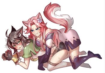 2girls ahoge all_fours animal_ears artist_request black_hair blue_eyes commission commissioner_upload dry_humping fox_archer_(sakura_dungeon) fox_ears fox_girl fox_tail full_body hug hug_from_behind humping japanese_clothes kimono multiple_girls non-web_source pink_hair sakura_dungeon smug sweat tail thighhighs trembling yomi_(sakura_dungeon) yuri
