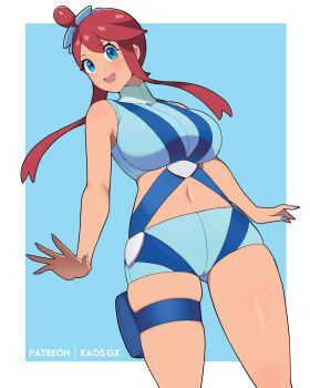 1girl artist_name bare_arms bare_shoulders blue_background blue_eyes blue_nails blue_shorts border breasts commentary cowboy_shot crop_top highres kaos_art large_breasts looking_at_viewer midriff navel nintendo open_mouth outside_border patreon_username pokemon pokemon_bw red_hair short_shorts shorts sidelocks skyla_(pokemon) sleeveless smile solo teeth thigh_strap upper_teeth_only white_border
