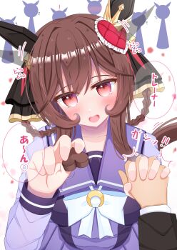 Rule 34 | !, 1boy, 6+girls, animal ears, black jacket, blush, bow, bowtie, braid, braided hair rings, breasts, brown hair, candy, chocolate, chocolate heart, collarbone, commentary request, ear covers, ear ornament, food, gentildonna (umamusume), hair between eyes, hair ornament, hair rings, heart, heart-shaped food, heart-shaped ornament, heart ear ornament, highres, holding hands, horse ears, horse girl, horse tail, incoming food, jacket, large breasts, long hair, long sleeves, looking at viewer, lpikamasi, multiple girls, open mouth, pleated skirt, purple sailor collar, purple serafuku, purple shirt, purple skirt, red eyes, sailor collar, sailor shirt, school uniform, serafuku, shirt, skirt, smile, speech bubble, tail, tracen school uniform, translation request, umamusume, variant set, white bow, white bowtie, white shirt