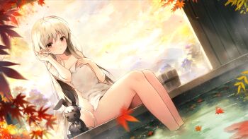 1girl adjusting_hair bucket commentary_request covering_privates dutch_angle falling_leaves grey_hair highres jiji_(381134808) kasugano_sora leaf legs long_hair looking_at_viewer maple_leaf nude_cover onsen parted_lips sky soaking_feet solo stuffed_animal stuffed_rabbit stuffed_toy towel wooden_bucket yellow_sky yosuga_no_sora