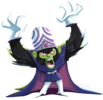 Rule 34 | 1boy, alex--smash, belt, black eyes, black fur, blue tunic, boots, cape, capsule helmet, chimpanzee, colored sclera, colored skin, facing viewer, gloves, green skin, helmet, laughing, looking up, male focus, mojo jojo, open mouth, painting (medium), pants, powerpuff girls, purple cape, red sclera, sharp teeth, simple background, sleeveless, solo, teeth, traditional media, tunic, v-shaped eyebrows, white background, white belt, white boots, white gloves, white pants