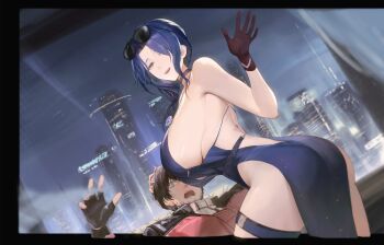 1boy 1girl :d absurdres ass assertive_female backless_dress backless_outfit bare_shoulders black_border black_gloves black_hair black_jacket blue_choker blue_dress blue_eyes blue_flower blue_hair blue_rose border breasts choker cityscape commander_(girls'_frontline) commentary curtained_hair dp-12_(girls'_frontline) dress dress_flower dutch_angle english_commentary evening_gown eyewear_on_head fingerless_gloves flower girls'_frontline girls'_frontline_2:_exilium gloves grey_eyes hair_between_eyes hair_over_shoulder halter_dress halterneck hand_up helen_(girls'_frontline_2) helen_(starlit_waltz)_(girls'_frontline_2) hetero highres huge_breasts indoors jacket jewelry long_hair looking_at_viewer multicolored_jacket night official_alternate_costume open_mouth red_jacket rose shenme_niao_mingzi short_hair sideboob sidelocks sitting skindentation smile standing teeth thigh_strap twisted_torso two-tone_jacket upper_teeth_only window