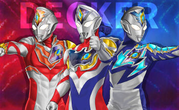 Rule 34 | 1boy, abs, absurdres, alien, arm out of frame, armor, asymmetrical armor, blue background, blue skin, breastplate, character name, clenched hand, color timer, colored skin, commentary, compound eyes, cowboy shot, crystal, dorsal fin, english commentary, english text, forehead jewel, giant, giant male, glowing, glowing eyes, gradient background, hand up, highres, looking at viewer, male focus, multiple forms, multiple views, muscular, muscular male, neo phantom, no pupils, outstretched arm, pectorals, purple background, red background, red skin, ribs, shoulder armor, shoulder pads, silver skin, single shoulder pad, thumbs up, tokusatsu, toned, toned male, ultra series, ultraman decker, ultraman decker (flash type), ultraman decker (miracle type), ultraman decker (series), ultraman decker (strong type), white eyes, wrinkled skin