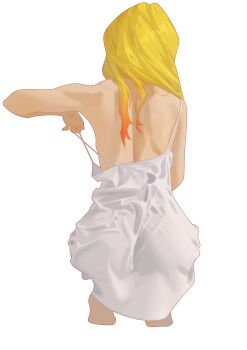 1girl absurdres ass back blonde_hair commentary darkness_(konosuba) dress from_behind full_body gradient_hair highres kono_subarashii_sekai_ni_shukufuku_wo! long_hair multicolored_hair orange_hair simple_background sleeveless sleeveless_dress solo spaghetti_strap squatting strap_pull toned toned_female white_background white_dress ynnk_lc