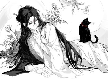 1boy animal_on_ass asymmetrical_sleeves cat chinese_clothes chinese_commentary closed_mouth collarbone commentary_request cowboy_shot dddddd_(ni989393) facial_mark flower forehead_mark hair_between_eyes hair_bun hair_ornament hair_stick hand_to_own_mouth hanfu highres holding holding_leaf leaf long_hair looking_at_animal looking_back lying male_focus mismatched_sleeves motion_lines on_stomach robe sash simple_background single_hair_bun smile solo spot_color very_long_hair waist_sash where_winds_meet white_background wide_sleeves young_master_(where_winds_meet)