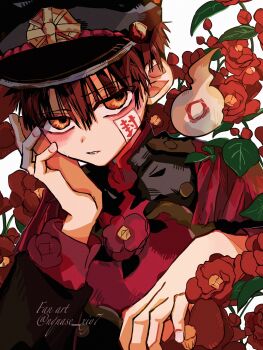Rule 34 | 1boy, black hair, blush, commentary, flower, gakuseibou, hanako (jibaku shounen hanako-kun), hat, highres, hitodama, jibaku shounen hanako-kun, looking at viewer, male focus, nqnase xiy7, ofuda, parted lips, red flower, rose, short hair, simple background, solo, symbol-only commentary, teeth, twitter username, upper body, white background, yellow eyes
