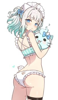 1girl :3 absurdres ahoge aqua_bikini artist_name ass ass_cutout ass_peek bikini blue_eyes blue_ribbon butt_crack clothing_cutout commentary_request cowboy_shot frilled_bikini frilled_panties frills from_behind ghost ghost_girl gradient_hair green_hair grey_hair hair_intakes hair_ornament hairclip hashtag-only_commentary head_tilt heart_cutout highres holding indie_virtual_youtuber light_blush looking_at_viewer maid_headdress mascot median_furrow medium_hair mint_fantome mint_fantome_(minto_2.0) mole mole_on_ass mole_on_thigh multicolored_hair open_mouth panties panty_cutout parted_lips pointy_ears ribbon sidelocks simple_background solid_circle_eyes standing striped_bikini striped_clothes suoniko swimsuit thigh_strap triangular_headpiece two_side_up underwear vertical-striped_bikini vertical-striped_clothes virtual_youtuber white_background white_panties wisps_(mint_fantome) x_hair_ornament