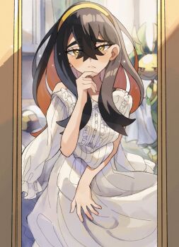 1girl black_hair carmine_(pokemon) colored_inner_hair crossed_bangs dress gen_5_pokemon gen_8_pokemon hair_between_eyes hairband highres holding holding_unworn_clothes holding_unworn_dress leavanny long_hair long_sleeves looking_at_mirror matsuda_(0yx38755230263c) mirror mole mole_under_eye morpeko morpeko_(full) multicolored_hair nintendo pokemon pokemon_(creature) pokemon_sv red_hair reflection two-tone_hair unworn_dress white_dress yellow_eyes yellow_hairband