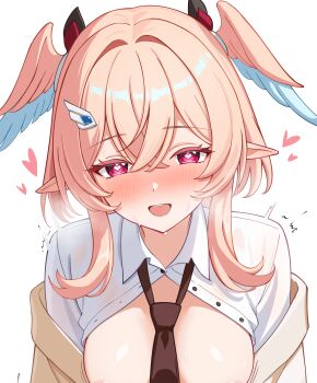 1girl absurdres black_ribbon blue_wings blush breasts brown_necktie cardigan collared_shirt commentary_request genshin_impact hair_between_eyes hair_intakes hair_ribbon head_wings heart heart_in_eye highres hobio large_breasts linnea_(genshin_impact) long_hair long_sleeves looking_at_viewer necktie open_mouth pink_eyes pink_hair pink_lips pink_wings pointy_ears red_ribbon ribbon school_uniform shirt simple_background smile solo sweat symbol_in_eye teeth upper_teeth_only white_background white_shirt wings yellow_cardigan