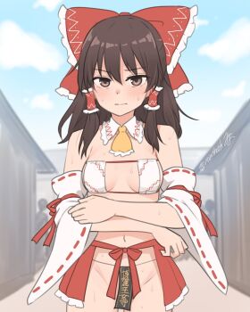 1girl alternate_costume ascot blue_sky blush bow bra breasts brown_eyes brown_hair closed_mouth cloud commentary_request cowboy_shot crossed_arms day detached_collar detached_sleeves frilled_bow frilled_hair_tubes frills hair_bow hair_tubes hakurei_reimu highres long_hair looking_at_viewer medium_breasts miyo_(ranthath) navel no_panties ofuda outdoors people red_bow revealing_clothes ribbon-trimmed_sleeves ribbon_trim sky solo sweat touhou twitter_username underwear white_bra yellow_ascot