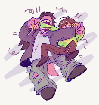 1girl 1other biting biting_another&#039;s_arm brown_hair deltarune fangs furry furry_female highres jacket kris_(deltarune) lifting_person open_mouth pants pocketdagger reptile_girl sharp_teeth simple_background striped_clothes susie_(deltarune) teeth torn_clothes torn_pants utdr_(toby_fox)