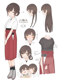 1girl black_shirt braid brown_eyes brown_hair character_name chart cheek_pinching commentary_request double_bun dougi english_text hair_bun hakama highres japanese_clothes kantai_collection kasuga_maru_(kancolle) long_hair looking_at_viewer pinching red_hakama shirt solo standing taiyou_(kancolle) translation_request twin_braids un'you_(kancolle) v_arms yamashichi_(mtseven) yawata_maru_(kancolle)