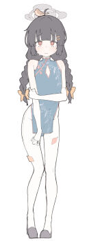 1girl absurdres alternate_costume black_hair blue_archive braid china_dress chinese_clothes dress halo highres leaf leaf_on_head long_hair miyu_(blue_archive) red_eyes s10021 simple_background solo twin_braids