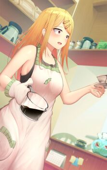 1girl apron bad_id bad_pixiv_id blonde_hair blush breasts brown_eyes chair coffee coffee_mug coffee_pot cup dagashi_kashi dutch_angle ear_piercing earrings endou_saya fang female_focus fishbowl hair_ornament hairclip highres indoors jar jewelry long_hair looking_to_the_side mug open_mouth pairleaf piercing skirt small_breasts solo standing