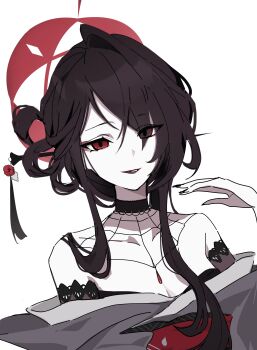 1girl absurdres blue_archive chapoke eyeliner goth_fashion grey_kimono hair_ornament hair_stick halo highres japanese_clothes kimono kokuriko_(blue_archive) makeup red_eyeliner red_halo red_lips simple_background solo spider_web_pattern upper_body white_background